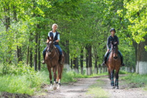 Two a young girls on horseback riding